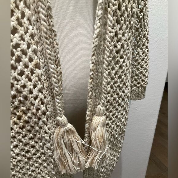 J.Jill Crochet Open Knit Beachy Cardigan Cover Up Fringe Hooded Beige Sz XS - Picture 5 of 6